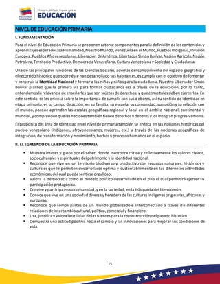 15
NIVEL DEEDUCACIÓN PRIMARIA
I. FUNDAMENTACIÓN
Para el nivel de Educación Primaria se proponen catorce componentes para la definición de los contenidos y
aprendizajes esperados:La Humanidad,Nuestro Mundo,Venezuelaen el Mundo,PueblosIndígenas,Invasión
Europea,Pueblos Afrovenezolanos,Liberación de América,Libertador SimónBolívar, Nación Agrícola,Nación
Petrolera,Territorio Productivo,Democracia Venezolana,CulturaVenezolanaySociedad y Ciudadanía.
Una de las principales funciones de las Ciencias Sociales, además del conocimiento del espacio geográfico y
el recorrido histórico que sobre éste han desarrollado sus habitantes,es cumplir con el objetivo de fomentar
y construir la Identidad Nacional y formar a las niñas y niños para la ciudadanía. Nuestro Libertador Simón
Bolívar planteó que la primera vía para formar ciudadanos era a través de la educación, por lo tanto,
entendemos la relevancia de enseñarles que son sujetos de derechos,y que como tales deben ejercerlos. En
este sentido, se les orienta sobre la importancia de cumplir con sus deberes, así su sentido de identidad en
etapa primaria, es su campo de acción, en su familia, su escuela, su comunidad, su nación y su relación con
el mundo, porque aprenden las escalas geográficas regional y local en el ámbito nacional, continental y
mundial,ycomprenden que las naciones también tienen derechos ydeberes ylos integran progresivamente.
El propósito del área de Identidad en el nivel de primaria también se enfoca en las nociones históricas del
pueblo venezolano (indígenas, afrovenezolanos, mujeres, etc.) a través de las nociones geográficas de
integración,de transformación ymovimiento,hechos y procesos humanos en el espacio.
II. EL EGRESADO DE LA EDUCACIÓNPRIMARIA
▪ Muestra interés y gusto por el saber, donde incorpora crítica y reflexivamente los valores cívicos,
socioculturales yespirituales del patrimonio yla identidad nacional.
▪ Reconoce que vive en un territorio biodiverso y productivo con recursos naturales, históricos y
culturales que le permiten desarrollarse optima y sustentablemente en las diferentes actividades
económicas,del cual pueda sentirse orgulloso.
▪ Valora la democracia como el modelo político desarrollado en el país el cual permitirá ejercer su
participación protagónica.
▪ Convivey participa en su comunidad,yen la sociedad,en la búsqueda del bien común.
▪ Conoce que vive en una sociedad diversa yheredera de las culturas indígenasoriginarias,africanas y
europeas.
▪ Reconoce que somos partes de un mundo globalizado e interconectado a través de diferentes
relaciones de intercambio cultural,político,comercial y financiero.
▪ Usa, justifica y valora la utilidad de las fuentes para la reconstrucción del pasado histórico.
▪ Demuestra una actitud positiva hacia el cambio y las innovaciones para mejorar sus condiciones de
vida.
 