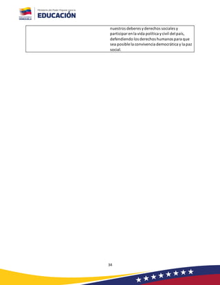 34
nuestros deberes yderechos sociales y
participar en la vida política ycivil del país,
defendiendo los derechos humanos para que
sea posible la convivencia democrática y la paz
social.
 