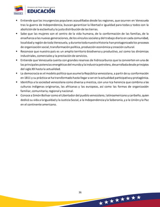36
▪ Entiende que las insurgencias populares acaudilladas desde las regiones, que ocurren en Venezuela
tras la guerra de Independencia, buscan garantizar la libertad e igualdad para todas y todos con la
abolición de la esclavitud y la justa distribución de las tierras.
▪ Sabe que las mujeres son el centro de la vida humana, de la conformación de las familias, de la
enseñanza a las nuevas generaciones,de los vínculos socialesydel trabajo diario en cada comunidad,
localidad yregión de toda Venezuela,ydurante todanuestraHistoria hanprotagonizadolos procesos
de organización social,transformación política,producción económica ycreación cultural.
▪ Reconoce que nuestro país es un amplio territorio biodiverso y productivo, así como las dinámicas
industriales,comerciales y la prestación de servicios.
▪ Entiende que Venezuela cuenta con grandes reservas de hidrocarburos que la convierten en una de
las principales potencias energéticasdel mundoyla industriapetrolera,desarrolladadesde principios
del siglo XX hasta la actualidad.
▪ La democracia es el modelo político que asume la República venezolana,a partir de su conformación
en 1811 y su práctica se ha transformadohasta llegar a ser en laactualidad participativayprotagónica.
▪ Identifica a la sociedad venezolana como diversa y mestiza, con una rica herencia que combina a las
culturas indígenas originarias, las africanas y las europeas, así como las formas de organización
familiar, comunitaria,regional ynacional.
▪ Conoce a Simón Bolívar como el Libertador del pueblo venezolano,latinoamericano ycaribeño,quien
dedicó su vida a la Igualdad y la Justicia Social,a la Independenciayla Soberanía,ya la Unión yla Paz
en el continente americano.
 