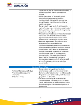 52
consecuencias del crecimiento de las ciudades,y
los desafíos para la planificaciónygestión
urbana.
▪ Evalúa el potencial de Venezuela para el
desarrollo de las energías renovables,
considerandola diversidad de sus recursos
energéticos y la necesidad de diversificar la
matriz energética.
▪ Comprende la importancia de la integración
regional para el desarrollo de América Latina y el
Caribe, analizando los procesos de integración y
cooperación en la región.
▪ Analiza los desafíos del desarrollosustentable en
Venezuela,considerandola necesidad de
equilibrar el crecimiento económico con la
protección del ambiente y la equidad social.
▪ Analiza el impacto de la globalización en la
economía y la sociedad venezolana,
considerandolos desafíos yoportunidades de la
inserción de Venezuela en la economía mundial.
▪ Comprende la importancia de la cooperación
internacional para el desarrollo de Venezuela,
considerandoel papel de los organismos
internacionales yla cooperación bilateral.
▪ Valora la diversidad culturalynatural de
Venezuela como patrimoniode la humanidad,
promoviendo su conocimiento,respeto y
conservación.
Libertador Simón Bolívar
Territorio liberado y productivo
Potencialidadde los pueblos
americanos
Ambiente y minas
▪ Comprende la concepción del territorio
americano esbozada por el Libertador Simón
Bolívar en la Carta de Jamaica y en el Discurso de
Angostura,sus potencialidades productivas yrol
geopolítico en el mundo.
▪ Estudia los contenidos de los decretos de
Conservación del Ambiente (1825)y de Minas
(1829), emitidos por el Libertador Simón Bolívar,
así como su vigencia en la dinámica productiva
global actual.
 