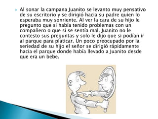    Al sonar la campana Juanito se levanto muy pensativo
    de su escritorio y se dirigió hacia su padre quien lo
    esperaba muy sonriente. Al ver la cara de su hijo le
    pregunto que si había tenido problemas con un
    compañero o que si se sentía mal. Juanito no le
    contesto sus preguntas y solo le dijo que si podían ir
    al parque para platicar. Un poco preocupado por la
    seriedad de su hijo el señor se dirigió rápidamente
    hacia el parque donde había llevado a Juanito desde
    que era un bebe.
 