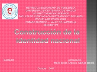 REPÚBLICA BOLIVARIANA DE VENEZUELA
UNIVERSIDAD BICENTENARIO DE ARAGUA
VICERECTORADO ACADEMICO
FACULTA DE CIENCIAS ADMINISTRATIVAS Y SOCIALES
ESCUELA DE PSICOLOGIA
ESTADO GUARICO – VALLE DE LA PASCUA
SECCION P1
facilitador : participante :
María de los Ángeles Gómez castillo
Octubre , 2017
 