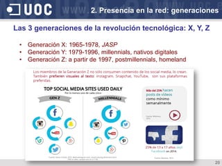 20
2. Presencia en la red: generaciones
Las 3 generaciones de la revolución tecnológica: X, Y, Z
•  Generación X: 1965-1978, JASP
•  Generación Y: 1979-1996, millennials, nativos digitales
•  Generación Z: a partir de 1997, postmillennials, homeland
 
