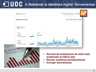 32
ü  Servicio de estadísticas de sitios web,
analizando el tráfico web
ü  Revisar analíticas periódicamente
ü  Corregir desviaciones
4. Gestionar la identidad digital: Herramientas
 
