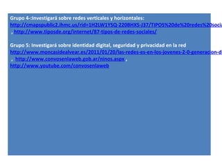 Grupo 4-:Investigará sobre redes verticales y horizontales:
http://cmapspublic2.ihmc.us/rid=1H2LW1YSQ-220BHXS-J37/TIPOS%20de%20redes%20socia
, http://www.tiposde.org/internet/87-tipos-de-redes-sociales/

Grupo 5: Investigará sobre identidad digital, seguridad y privacidad en la red
http://www.moncasidealvear.es/2011/01/20/las-redes-es-en-los-jovenes-2-0-generacion-di
, http://www.convosenlaweb.gob.ar/ninos.aspx ,
http://www.youtube.com/convosenlaweb
 