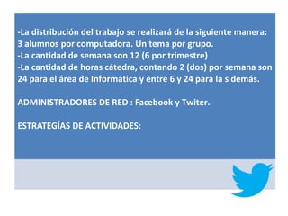 -La distribución del trabajo se realizará de la siguiente manera:
3 alumnos por computadora. Un tema por grupo.
-La cantidad de semana son 12 (6 por trimestre)
-La cantidad de horas cátedra, contando 2 (dos) por semana son
24 para el área de Informática y entre 6 y 24 para la s demás.

ADMINISTRADORES DE RED : Facebook y Twiter.

ESTRATEGÍAS DE ACTIVIDADES:
 