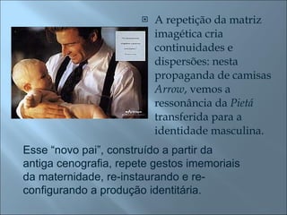 A repetição da matriz imagética cria continuidades e dispersões: nesta propaganda de camisas  Arrow , vemos a ressonância da  Pietá  transferida para a identidade masculina.  Esse “novo pai”, construído a partir da antiga cenografia, repete gestos imemoriais da maternidade, re-instaurando e re-configurando a produção identitária. 