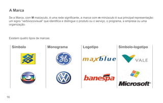 A Marca
 Se a Marca, com M maiúsculo, é uma rede signicante, a marca com m minúsculo é sua principal representação:
 um signo “verbivocovisual” que identica e distingue o produto ou o serviço, o programa, a empresa ou uma
 organização.



 Existem quatro tipos de marcas:


     Símbolo                 Monograma                 Logotipo                  Símbolo-logotipo




16
 