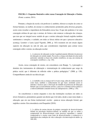 94
FIGURA 1- Esquema Ilustrativo sobre nossa Concepção de Educação e Ensino.
(Fonte: a autora, 2011).
Portanto, a função da escola e do professor é, também, oferecer as noções de como se
formar humano, ou melhor, de ensinar os conhecimentos produzidos pelas diversas gerações,
assim como ressaltar a importância da brincadeira nessa fase. O que não podemos é ter uma
concepção errônea do que seja o ensinar, de forma a não estancar a educação das crianças,
que tem que ser integral nesse sentido de que o ensino (educação formal) engloba também
sentimentos e emoções, o cuidado, em todas as faixas etárias em que o processo educativo
aconteça. Leontiev e Luria (apud Vigotski, 2008, p. 163) resumem em um ensaio alguns
aspectos da educação na sala de aula, que consideramos importante para aclarar nossa
concepção sobre o ensino, na educação escolar:
[...] o processo de educação escolar é qualitativamente diferente do processo
de educação em sentido amplo. Na escola a criança está diante de uma tarefa
particular: entender as bases dos estudos científicos, ou seja, um sistema de
concepções científicas [...] (p. 136).
Assim, nossa concepção de ensino, em consonância com Raupp, “[...] pressupõe o
domínio dos instrumentos de elaboração e sistematização do conhecimento que surge da
prática social, que é diferente da reflexão sobre a prática pedagógica.” (2008, p. 138).
Compartilhamos ainda de sua ideia de que:
[...] o trabalho com as crianças de 0 a 6 anos exige, além do conhecimento de
como fazer, também o conhecimento do que fazer, incluindo assim os
métodos e técnicas para a efetivação do trabalho da professora de Educação
Infantil, que é essencialmente ensinar, e para isso o domínio teórico-prático e
a indissociabilidade conteúdo-forma são indispensáveis. (2008, p. 136).
Ao concebermos o ensino enquanto o eixo das instituições escolares em todos os
níveis formativos, pretendemos garantir um direito que é de todos, desde a mais tenra idade: a
educação, que em sua forma institucional- escolar - pauta-se nessa educação formal, que
engloba o ensino. Em consonância com Pasqualini (2010):
[...] a defesa do ensino decorre da própria concepção de desenvolvimento
infantil da psicologia histórico-cultural, na medida em que se refuta a
compreensão do desenvolvimento como processo espontâneo e natural,
compreende-se o ensino como fonte de desenvolvimento e evidencia-se a
importância das condições de vida e educação e da intervenção do adulto. (p.
188-189)
 