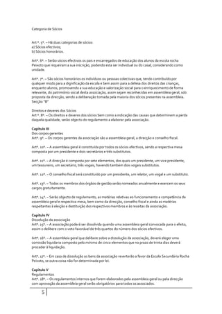 Categoria de Sócios


Art º. 5º. – Há duas categorias de sócios:
a) Sócios efectivos;
b) Sócios honorários.

Artº. 6º. – Serão sócios efectivos os pais e encarregados de educação dos alunos da escola rocha
Peixoto que requeiram a sua inscrição, podendo esta ser individual ou do casal, considerando como
unidade.

Artº. 7º. – São sócios honorários os indivíduos ou pessoas colectivas que, tendo contribuído por
qualquer modo para a dignificação da escola e bem assim para a defesa dos direitos das crianças,
enquanto alunos, promovendo a sua educação e valorização social para o enriquecimento de forma
relevante, do património social desta associação, assim sejam reconhecidas em assembleia geral, sob
proposta da direcção, sendo a deliberação tomada pela maioria dos sócios presentes na assembleia.
Secção “B”

Direitos e deveres dos Sócios
Art º. 8º. – Os direitos e deveres dos sócios bem como a indicação das causas que determinem a perda
daquela qualidade, serão objecto do regulamento a elaborar pela associação.

Capitulo III
Dos corpos gerentes
Artº. 9º. – Os corpos gerentes da associação são a assembleia geral, a direcção e conselho fiscal.

Artº. 10º. – A assembleia geral é constituída por todos os sócios efectivos, sendo a respectiva mesa
composta por um presidente e dois secretários e três substitutos.

Artº. 11º. – A direcção é composta por sete elementos, dos quais um presidente, um vice presidente,
um tesoureiro, um secretário, três vogais, havendo também dois vogais substitutos.

Artº. 12º. – O conselho fiscal será constituído por um presidente, um relator, um vogal e um substituto.

Artº. 13º. – Todos os membros dos órgãos de gestão serão nomeados anualmente e exercem os seus
cargos gratuitamente.

Artº. 14º. – Serão objecto de regulamento, as matérias relativas ao funcionamento e competência da
assembleia geral e respectiva mesa, bem como da direcção, conselho fiscal e ainda as matérias
respeitantes à eleição e destituição dos respectivos membros e às receitas da associação.

Capitulo IV
Dissolução da associação
Artº. 15º. – A associação poderá ser dissolvida quando uma assembleia geral convocada para o efeito,
assim o delibere com o voto favorável de três quartos do número dos sócios efectivos.

Artº. 16º. – A assembleia geral que delibere sobre a dissolução da associação, deverá eleger uma
comissão liquidaria composto pelo mínimo de cinco elementos que no prazo de trinta dias deverá
proceder à liquidação.

Artº. 17º. – Em caso de dissolução os bens da associação reverterão a favor da Escola Secundária Rocha
Peixoto, se outra coisa não for determinada por lei.

Capitulo V
Regulamentos
Artº. 18º. – Os regulamentos internos que forem elaborados pela assembleia geral ou pela direcção
com aprovação da assembleia geral serão obrigatórios para todos os associados.

      5
 