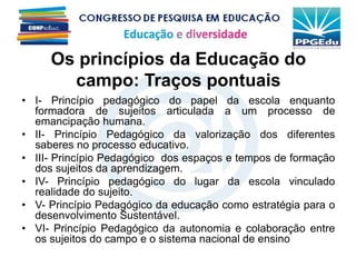 Os princípios da Educação do
campo: Traços pontuais
• I- Princípio pedagógico do papel da escola enquanto
formadora de sujeitos articulada a um processo de
emancipação humana.
• II- Princípio Pedagógico da valorização dos diferentes
saberes no processo educativo.
• III- Princípio Pedagógico dos espaços e tempos de formação
dos sujeitos da aprendizagem.
• IV- Princípio pedagógico do lugar da escola vinculado
realidade do sujeito.
• V- Princípio Pedagógico da educação como estratégia para o
desenvolvimento Sustentável.
• VI- Princípio Pedagógico da autonomia e colaboração entre
os sujeitos do campo e o sistema nacional de ensino
 