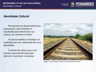 Identidade Cultural
No processo de desenvolvimento
psicossocial, cada indivíduo é
socializado para interiorizar sua
cultura, um caminho a trilhar.
A cultura modela o indivíduo e é
modelada por ele, conferindo-lhe uma
identidade.
É através da cultura que o ser
humano aprende técnicas para
dominar e controlar a natureza.
SOCIOLOGIA, 3º Ano do Ensino Médio
Identidade Cultural
Imagem: Tomasz Sienicki / GNU Free Documentation License
 