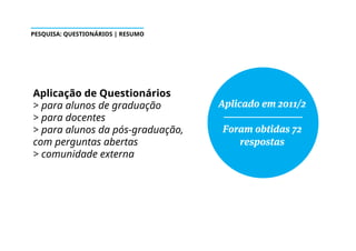 PESQUISA: QUESTIONÁRIOS | RESUMO
Aplicação de Questionários
> para alunos de graduação
> para docentes
> para alunos da pós-graduação,
com perguntas abertas
> comunidade externa
Aplicado em 2011/2
Foram obtidas 72
respostas
 
