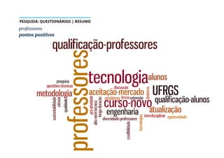 professores
pontos positivos
PESQUISA: QUESTIONÁRIOS | RESUMO
 