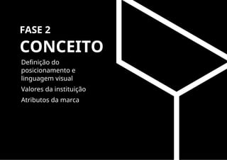 FASE 2
CONCEITO
Definição do
posicionamento e
linguagem visual
Valores da instituição
Atributos da marca
 