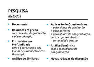 PESQUISA
métodos
Entrevistas em
Profundidade
com a Coordenação dos
Cursos de Graduação e Pós-
Graduação
Aplicação de Questionários
> para alunos de graduação
> para docentes
> para alunos da pós-graduação,
com perguntas abertas
> comunidade externa
Documental
Reuniões em grupo
com docentes de graduação
e pós-graduação
Análise Semântica
com a comunidade da
pós-graduação
Análise de Similares Novas rodadas de discussão
 