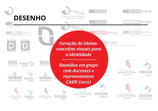 Geração de Ideias:
conceitos visuais para
a identidade
Reuniões em grupo
com docentes e
representantes
CADE (2012)
DESENHO
 