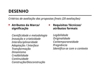 DESENHO
Critérios de avaliação das propostas finais (20 avaliações)
Requisitos Técnicos/
atributos formais
Legibilidade
Originalidade
Contemporaneidade
Pregnância
Identifica-se com o contexto
Atributos da Marca/
significação
Cientificidade e metodologia
Inovação e criatividade
Interdisciplinaridade
Adaptação / Interface
Transformação
Dinamismo
Credibilidade
Continuidade
Construção/Desconstrução
 