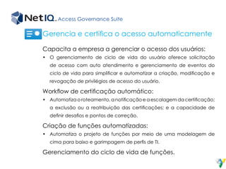 Access Governance Suite
Capacita a empresa a gerenciar o acesso dos usuários:
•	 O gerenciamento de ciclo de vida do usuário oferece solicitação
de acesso com auto atendimento e gerenciamento de eventos do
ciclo de vida para simplificar e automatizar a criação, modificação e
revogação de privilégios de acesso do usuário.
Workflow de certificação automático:
•	 Automatiza o roteamento, a notificação e a escalagem da certificação;
a exclusão ou a reatribuição das certificações; e a capacidade de
definir desafios e pontos de correção.
Criação de funções automatizadas:
•	 Automatiza o projeto de funções por meio de uma modelagem de
cima para baixo e garimpagem de perfis de TI.
Gerenciamento do ciclo de vida de funções.
Gerencia e certifica o acesso automaticamente
 