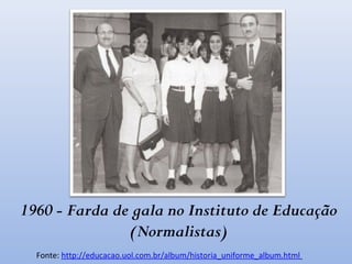 1960 - Farda de gala no Instituto de Educação
(Normalistas)
Fonte: http://educacao.uol.com.br/album/historia_uniforme_album.html
 