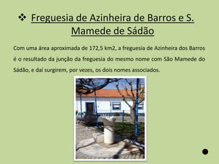  Freguesia de Azinheira de Barros e S.
            Mamede de Sádão
Com uma área aproximada de 172,5 km2, a freguesia de Azinheira dos Barros
é o resultado da junção da freguesia do mesmo nome com São Mamede do
Sádão, e daí surgirem, por vezes, os dois nomes associados.
 