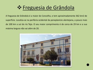  Freguesia de Grândola
A freguesia de Grândola é a maior do Concelho, e tem aproximadamente 362 km2 de
superfície. Localiza-se na periferia ocidental da peneplanície alentejana, a pouco mais
de 100 km a sul do rio Tejo. O seu maior comprimento é de cerca de 29 km e a sua
máxima largura não vai além de 20.
 
