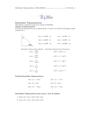 Identidades Trigonométricas. ExMa-MA0125 W. Poveda 1
Identidades Trigonométricas
(Identidades tomadas de pruebas de cátedr...