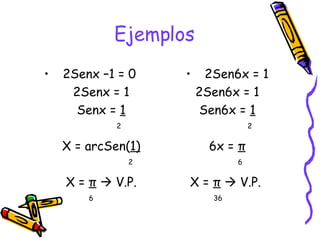 Ejemplos 2Senx –1 = 0 2Senx = 1 Senx =  1 2 X = arcSen( 1) 2 X =  π     V.P. 6 2Sen6x = 1 2Sen6x = 1 Sen6x =  1 2 6x =  π 6 X =  π     V.P.  36 