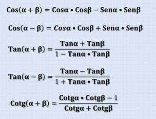 𝐂𝐨𝐬 𝛂 + 𝛃 = 𝐂𝐨𝐬𝛂 • 𝐂𝐨𝐬𝛃 − 𝐒𝐞𝐧𝛂 • 𝐒𝐞𝐧𝛃
𝐂𝐨𝐬 𝛂 − 𝛃 = 𝑪𝒐𝒔𝛂 • 𝐂𝐨𝐬𝛃 + 𝐒𝐞𝐧𝛂 • 𝐒𝐞𝐧𝛃
𝐓𝐚𝐧 𝛂 + 𝛃 =
𝐓𝐚𝐧𝛂 + 𝐓𝐚𝐧𝛃
1 − 𝐓𝐚𝐧𝛂 • 𝐓𝐚𝐧𝛃
𝐓𝐚𝐧 𝛂 − 𝛃 =
𝐓𝐚𝐧𝛂 − 𝐓𝐚𝐧𝛃
1 + 𝐓𝐚𝐧𝛂 • 𝐓𝐚𝐧𝛃
𝐂𝐨𝐭𝐠 𝛂 + 𝛃 =
𝐂𝐨𝐭𝐠𝛂 • 𝐂𝐨𝐭𝐠𝛃 − 1
𝐂𝐨𝐭𝐠𝛂 + 𝐂𝐨𝐭𝐠𝛃
 