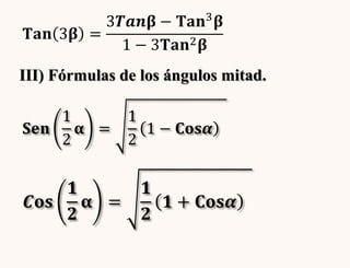 𝐓𝐚𝐧 3𝛃 =
3𝑻𝒂𝒏𝛃 − 𝐓𝐚𝐧3
𝛃
1 − 3𝐓𝐚𝐧2 𝛃
III) Fórmulas de los ángulos mitad.
𝐒𝐞𝐧
1
2
𝛂 =
1
2
1 − 𝐂𝐨𝐬𝜶
𝑪𝐨𝐬
𝟏
𝟐
𝛂 =
𝟏
𝟐
𝟏 + 𝐂𝐨𝐬𝜶
 