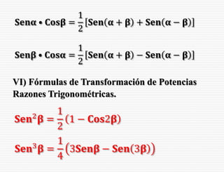 𝐒𝐞𝐧𝛂 • 𝐂𝐨𝐬𝛃 =
1
2
𝐒𝐞𝐧 𝛂 + 𝛃 + 𝐒𝐞𝐧 𝛂 − 𝛃
𝐒𝐞𝐧𝛃 • 𝐂𝐨𝐬𝛂 =
1
2
𝐒𝐞𝐧 𝛂 + 𝛃 − 𝐒𝐞𝐧 𝛂 − 𝛃
VI) Fórmulas de Transformación de Potencias
Razones Trigonométricas.
𝐒𝐞𝐧2
𝛃 =
1
2
1 − 𝐂𝐨𝐬2𝛃
𝐒𝐞𝐧3
𝛃 =
1
4
3𝐒𝐞𝐧𝛃 − 𝐒𝐞𝐧 3𝛃
 