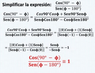 Simplificar la expresión: 𝐂𝐨𝐬 90° − 𝛟
𝐒𝐞𝐧 𝛟 − 180°
𝐂𝐨𝐬 90° − 𝛟
𝐒𝐞𝐧 𝛟 − 180°
=
𝑪𝒐𝒔𝟗𝟎°𝑪𝒐𝒔𝛟 + 𝐒𝐞𝐧𝟗𝟎°𝐒𝐞𝐧𝛟
𝐒𝐞𝐧𝛟𝐂𝐨𝐬𝟏𝟖𝟎° − 𝐂𝐨𝐬𝛟𝐒𝐞𝐧𝟏𝟖𝟎°
𝑪𝒐𝒔𝟗𝟎°𝑪𝒐𝒔𝛟 + 𝐒𝐞𝐧𝟗𝟎°𝐒𝐞𝐧𝛟
𝐒𝐞𝐧𝛟𝐂𝐨𝐬𝟏𝟖𝟎° − 𝐂𝐨𝐬𝛟𝐒𝐞𝐧𝟏𝟖𝟎°
=
𝟎 𝑪𝒐𝒔𝛟 + 𝟏 𝐒𝐞𝐧𝛟
𝐒𝐞𝐧𝛟 −𝟏 − 𝐂𝐨𝐬𝛟(𝟎)
=
𝟎 𝑪𝒐𝒔𝛟 + 𝟏 𝐒𝐞𝐧𝛟
𝐒𝐞𝐧𝛟 −𝟏 − 𝐂𝐨𝐬𝛟(𝟎)
=
𝐒𝐞𝐧𝛟
−𝐒𝐞𝐧𝛟
= −𝟏
𝐂𝐨𝐬 90° − 𝛟
𝐒𝐞𝐧 𝛟 − 180°
≡ 𝟏
 
