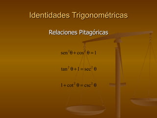 Identidades Trigonométricas

     Relaciones Pitagóricas


         sen 2 θ + cos 2 θ = 1


         tan 2 θ + 1 = sec 2 θ


         1 + cot 2 θ = csc 2 θ
 