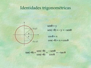 Identidades trigonométricas
Identidades que relacionan θ χον − θ

                         senθ = y
          (x,y)
                         sen (−θ) = − y = −senθ
      θ
     -θ                  cos θ = x
          (x,-y)         cos(−θ) = x = cos θ


                sen (−θ) − senθ
    tan(−θ) =           =       = − tan θ
                cos(−θ)   cos θ
 