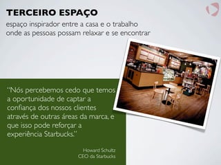 “Nós percebemos cedo que temos
a oportunidade de captar a
conﬁança dos nossos clientes
através de outras áreas da marca, e
que isso pode reforçar a
experiência Starbucks.”
Howard Schultz
CEO da Starbucks
TERCEIRO ESPAÇO
espaço inspirador entre a casa e o trabalho
onde as pessoas possam relaxar e se encontrar
 