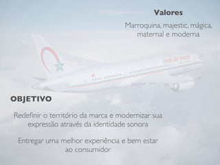 Redeﬁnir o território da marca e modernizar sua
expressão através da identidade sonora
Entregar uma melhor experiência e bem estar
ao consumidor
Marroquina, majestic, mágica,
maternal e moderna
Valores
OBJETIVO
 