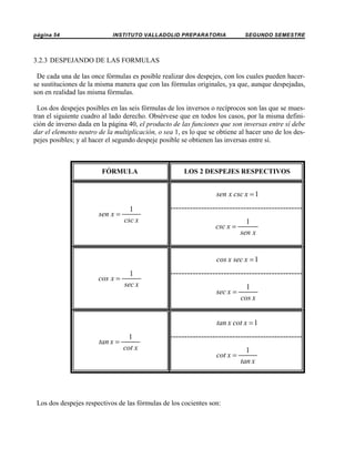 página 54

INSTITUTO VALLADOLID PREPARATORIA

SEGUNDO SEMESTRE

3.2.3 DESPEJANDO DE LAS FORMULAS
De cada una de las once fórmulas es posible realizar dos despejes, con los cuales pueden hacerse sustituciones de la misma manera que con las fórmulas originales, ya que, aunque despejadas,
son en realidad las misma fórmulas.
Los dos despejes posibles en las seis fórmulas de los inversos o recíprocos son las que se muestran el siguiente cuadro al lado derecho. Obsérvese que en todos los casos, por la misma definición de inverso dada en la página 40, el producto de las funciones que son inversas entre sí debe
dar el elemento neutro de la multiplicación, o sea 1, es lo que se obtiene al hacer uno de los despejes posibles; y al hacer el segundo despeje posible se obtienen las inversas entre sí.

FÓRMULA

LOS 2 DESPEJES RESPECTIVOS

sen x csc x = 1

sen x =

1
csc x

csc x =

1
sen x

cos x sec x = 1
cos x =

1
sec x

sec x =

1
cos x

tan x cot x = 1
tan x =

1
cot x

cot x =

Los dos despejes respectivos de las fórmulas de los cocientes son:

1
tan x

 