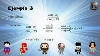 Ejemplo 3
• Simplifica:
• Solución:
cot(−𝜃)
csc( − 𝜃)
cot(−𝜃)
csc( − 𝜃)
=
cos(−𝜃)
sin(−𝜃)
1
sin(−𝜃)
=
cos(−𝜃)
sin(−𝜃)
∙ sin(−𝜃)
= cos(−𝜃) = cos 𝜃
 