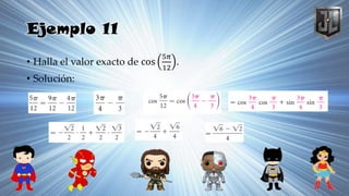 Ejemplo 11
• Halla el valor exacto de cos
5𝜋
12
.
• Solución:
 