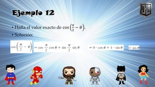Ejemplo 12
• Halla el valor exacto de cos
𝜋
2
− 𝜃 .
• Solución:
 