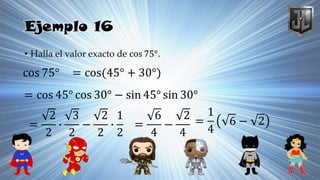 Ejemplo 16
• Halla el valor exacto de cos 75°.
cos 75° = cos(45° + 30°)
= cos 45° cos 30° − sin 45° sin 30°
=
2
2
∙
3
2
−
2
2
∙
1
2
=
6
4
−
2
4
=
1
4
6 − 2
 