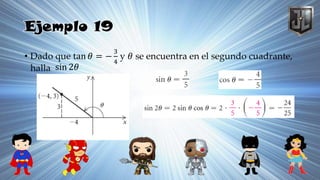 Ejemplo 19
• Dado que tan 𝜃 = −
3
4
y 𝜃 se encuentra en el segundo cuadrante,
halla sin 2𝜃
 