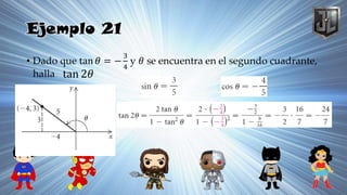 Ejemplo 21
• Dado que tan 𝜃 = −
3
4
y 𝜃 se encuentra en el segundo cuadrante,
halla tan 2𝜃
 
