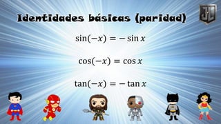 Identidades básicas (paridad)
sin(−𝑥) = − sin 𝑥
cos(−𝑥) = cos 𝑥
tan(−𝑥) = − tan 𝑥
 