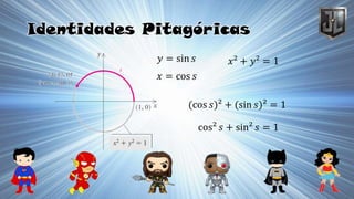 Identidades Pitagóricas
𝑦 = sin 𝑠
𝑥 = cos 𝑠
𝑥² + 𝑦² = 1
(cos 𝑠)² + (sin 𝑠)² = 1
cos² 𝑠 + sin² 𝑠 = 1
 