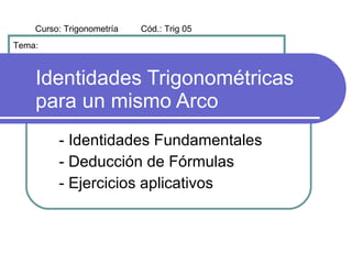 Curso: Trigonometría   Cód.: Trig 05
Tema:



    Identidades Trigonométricas
    para un mismo Arco
         - Identidades Fundamentales
         - Deducción de Fórmulas
         - Ejercicios aplicativos
 