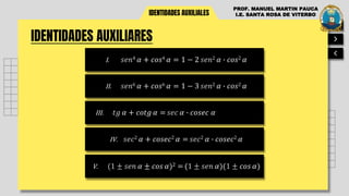 IDENTIDADES AUXILIARES
IDENTIDADES AUXILIALES
PROF. MANUEL MARTIN PAUCA
I.E. SANTA ROSA DE VITERBO
I. 𝑠𝑒𝑛4 𝛼 + 𝑐𝑜𝑠4 𝛼 = 1 − 2 𝑠𝑒𝑛2 𝛼 ∙ 𝑐𝑜𝑠2 𝛼
II. 𝑠𝑒𝑛6 𝛼 + 𝑐𝑜𝑠6 𝛼 = 1 − 3 𝑠𝑒𝑛2 𝛼 ∙ 𝑐𝑜𝑠2 𝛼
IV. 𝑠𝑒𝑐2 𝛼 + 𝑐𝑜𝑠𝑒𝑐2 𝛼 = 𝑠𝑒𝑐2 𝛼 ∙ 𝑐𝑜𝑠𝑒𝑐2 𝛼
III. 𝑡𝑔 𝛼 + 𝑐𝑜𝑡𝑔 𝛼 = 𝑠𝑒𝑐 𝛼 ∙ 𝑐𝑜𝑠𝑒𝑐 𝛼
V. (1 ± 𝑠𝑒𝑛 𝛼 ± 𝑐𝑜𝑠 𝛼)2 = (1 ± 𝑠𝑒𝑛 𝛼)(1 ± 𝑐𝑜𝑠 𝛼)
 