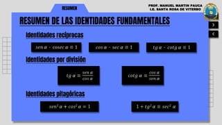 RESUMEN
Identidades recíprocas
PROF. MANUEL MARTIN PAUCA
I.E. SANTA ROSA DE VITERBO
RESUMEN DE LAS IDENTIDADES FUNDAMENTALES
𝑠𝑒𝑛 𝛼 ∙ cos𝑒𝑐 𝛼 ≡ 1 𝑐𝑜𝑠 𝛼 ∙ s𝑒𝑐 𝛼 ≡ 1 𝑡𝑔 𝛼 ∙ 𝑐𝑜𝑡𝑔 𝛼 ≡ 1
Identidades por división
𝑡𝑔 𝛼 ≡
𝑠𝑒𝑛 𝛼
𝑐𝑜𝑠 𝛼
𝑐𝑜𝑡𝑔 𝛼 ≡
𝑐𝑜𝑠 𝛼
𝑠𝑒𝑛 𝛼
Identidades pitagóricas
𝑠𝑒𝑛2 𝛼 + 𝑐𝑜𝑠2 𝛼 = 1 1 + 𝑡𝑔2 𝛼 ≡ 𝑠𝑒𝑐2 𝛼
 