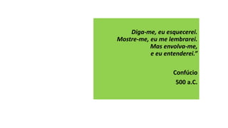 Diga-me, eu esquecerei.
Mostre-me, eu me lembrarei.
Mas envolva-me,
e eu entenderei.”
Confúcio
500 a.C.
 