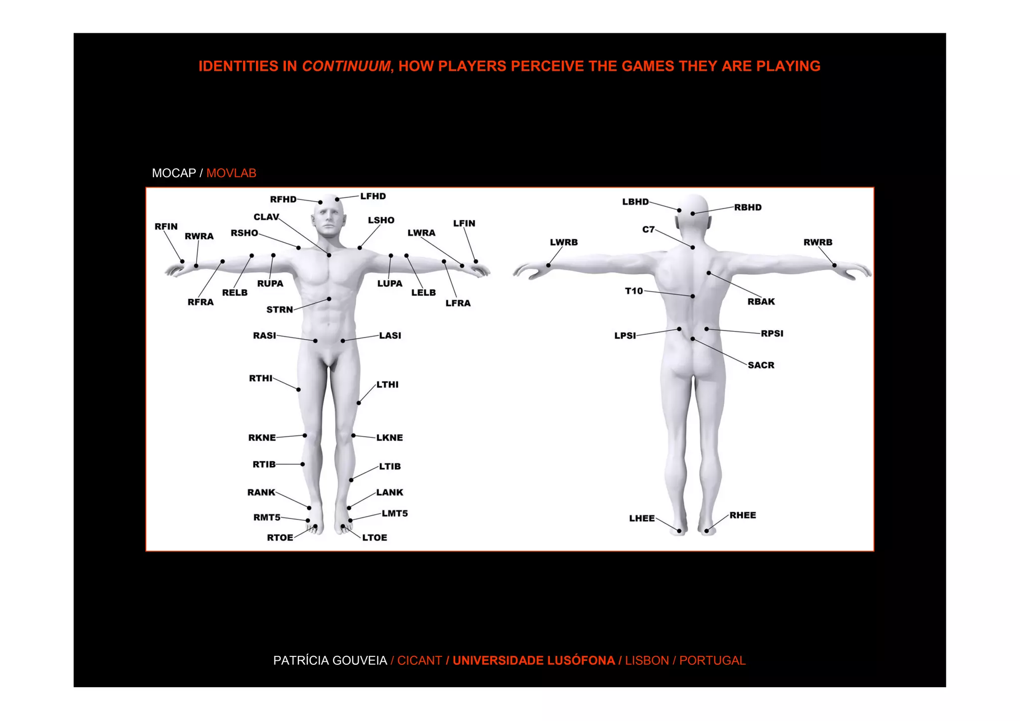 IDENTITIES IN CONTINUUM, HOW PLAYERS PERCEIVE THE GAMES THEY ARE PLAYING




MOCAP / MOVLAB




                 PATRÍCIA GOUVEIA / CICANT / UNIVERSIDADE LUSÓFONA / LISBON / PORTUGAL
 